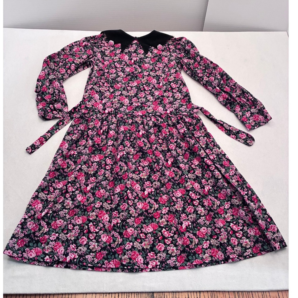 Vintage Chocolate Soup Girls Floral Dress Black Corduroy Collar Pink Roses USA